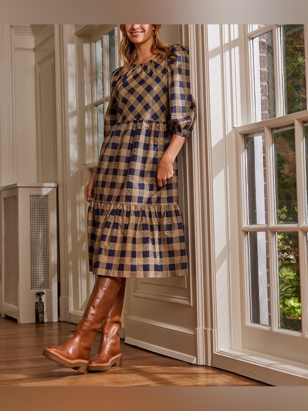 Summersalt Tiered Midi Dress Buffalo Plaid Puff Sleeve Brown Navy Size S - Picture 2 of 6